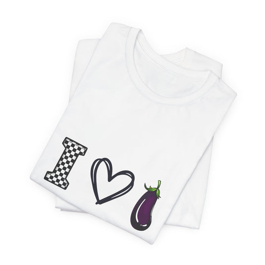 I  Eggplant Graphic Tee – Playful Vegetable Emoji Shirt